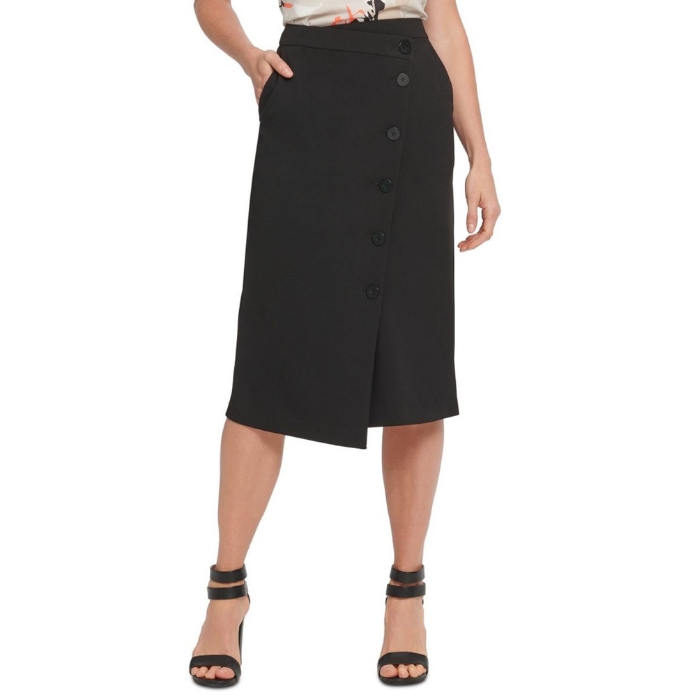 NWT DKNY Asymmetric Waist Black Pencil Skirt with Buttons Pockets BEAUTIFUL!